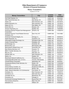 Ohio Department of Commerce Division of Financial Institutions Money Transmitters (Updated 2/27/19)