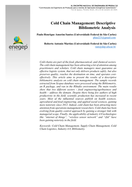 Cold Chain Management: Descriptive Bibliometric Analysis