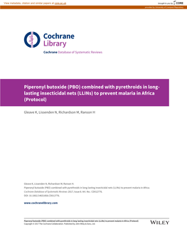 Piperonyl Butoxide (PBO) Combined with Pyrethroids in Long- Lasting Insecticidal Nets (Llins) to Prevent Malaria in Africa (Protocol)