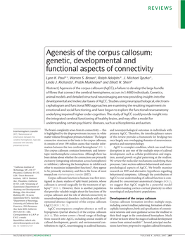 Agenesis of the Corpus Callosum: Genetic, Developmental and Functional Aspects of Connectivity