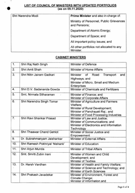 LIST of COUNCIL of MINISTERS with UPDATED PORTFOLIOS (As on 09.11.2020)