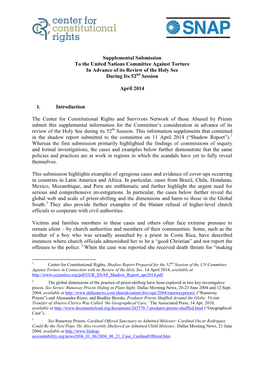 Supplemental Submission to the United Nations Committee Against Torture in Advance of Its Review of the Holy See During Its 52Nd Session