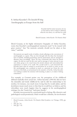 8. Arthur Koestler's the Invisible Writing Autobiography As Escape from the Self