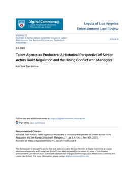 Talent Agents As Producers: a Historical Perspective of Screen Actors Guild Regulation and the Rising Conflict with Managers