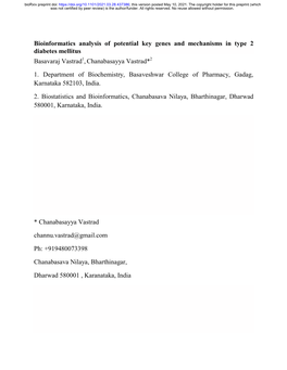 Bioinformatics Analysis of Potential Key Genes and Mechanisms in Type 2 Diabetes Mellitus Basavaraj Vastrad1, Chanabasayya Vastrad*2