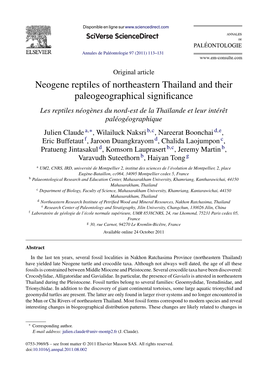 Neogene Reptiles of Northeastern Thailand and Their