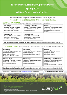 Taranaki Discussion Group Start Dates Spring 2016 All Dairy Farmers and Staff Invited