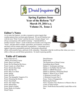 March 19, 2014 Ce Volume 31, Issue 2 Editor's Notes Table of Content