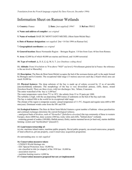 Information Sheet on Ramsar Wetlands