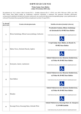 OBWIESZCZENIE Wójta Gminy Stare Babice Z Dnia 10 Kwietnia 2020 Roku