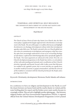 70 TEMPORAL and SPIRITUAL SELF-RELIANCE: the Church of Jesus Christ of Latter-Day Saints and Development in the South Pacific Pa