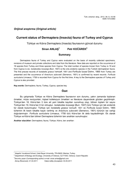 Current Status of Dermaptera (Insecta) Fauna of Turkey and Cyprus