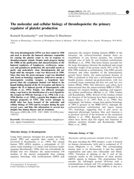 The Molecular and Cellular Biology of Thrombopoietin: the Primary Regulator of Platelet Production