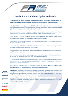 Imola, Race 1: Vidales, Quinn and David