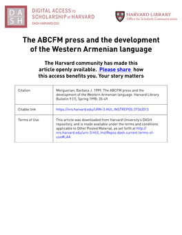 The ABCFM Press and the Development of the Western Armenian Language