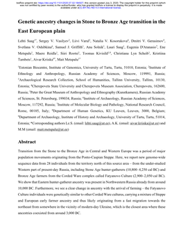 Genetic Ancestry Changes in Stone to Bronze Age Transition in the East European Plain