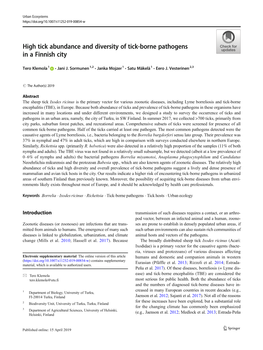 High Tick Abundance and Diversity of Tick-Borne Pathogens in a Finnish City