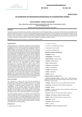 An Overview on Indigenous Knowledge of Achyranthes Aspera