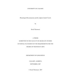 UNIVERSITY of CALGARY Approval Page Approval Page Phonological Reconstruction and the Aghem Central Vowels by David Thormoset A