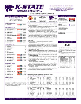 (Rv/Rv) IOWA STATE at KANSAS STATE 2020-21 SCHEDULE & RESULTS AP GAME 13 AP GAME INFORMATION Rv - OVERALL RECORD: 5-7 JANUARY 28, 2021 Coach 6:30 P.M