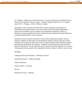 B. J. Kaplan. Implications of LIS Instructors' E-Resource Selections for Student Privacy Interests and Academic Library Value