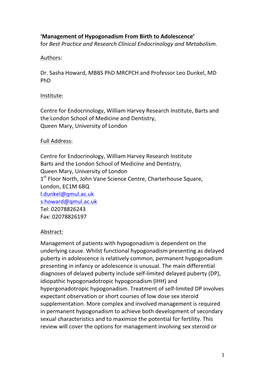 Management of Hypogonadism from Birth to Adolescence’ for Best Practice and Research Clinical Endocrinology and Metabolism