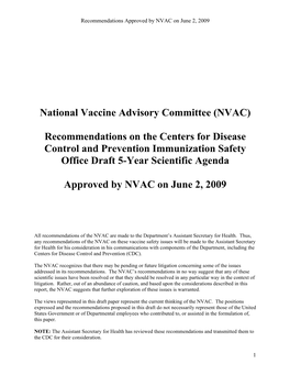 National Vaccine Advisory Committee (NVAC) Recommendations on The