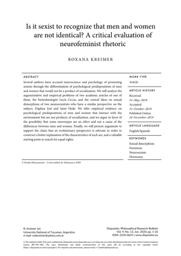 Is It Sexist to Recognize That Men and Women Are Not Identical? a Critical Evaluation of Neurofeminist Rhetoric