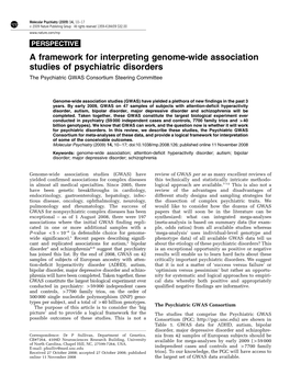 A Framework for Interpreting Genome-Wide Association Studies of Psychiatric Disorders the Psychiatric GWAS Consortium Steering Committee