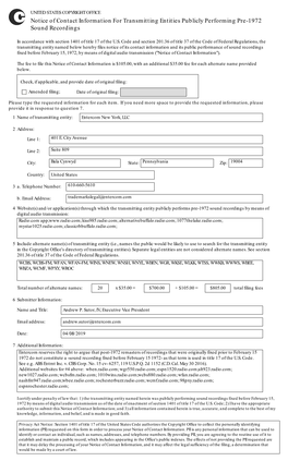 Notice of Contact Information for Transmitting Entities Publicly Performing Pre-1972 Sound Recordings