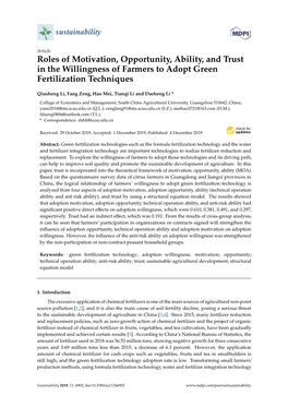 Roles of Motivation, Opportunity, Ability, and Trust in the Willingness of Farmers to Adopt Green Fertilization Techniques