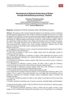Development of Potential Productivity of Elders Through Self-Sufficiency Economy, Thailand