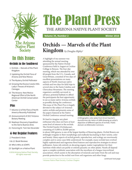 The Plant Press Arizona Native Plant Society Winter 2016 Updating the Orchid Flora of Arizona and New Mexico by Ronald A