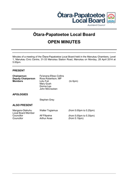 Ōtara-Papatoetoe Local Board OPEN MINUTES