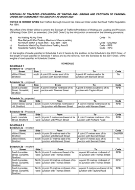 (Prohibition of Waiting and Loading and Provision of Parking) Order 2001 (Amendment No 225)(Part A) Order 2020