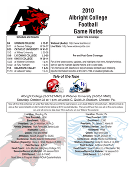 2010 Albright College Football Game Notes Schedule and Results Game Time Coverage