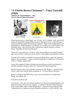 “A Charlie Brown Christmas”—Vince Guaraldi (1965) Added to the National Registry: 2012 Essay by Derrick Bang (Guest Post) *