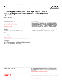 Réception Critique De Céline Et De Drieu La Rochelle Dans Les Périodiques Québécois Des Années 1930 : Ignorance Ou Esprit Chouan ? Sébastien Côté