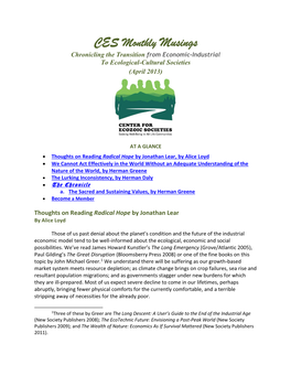 CES Monthly Musings Chronicling the Transition from Economic-Industrial to Ecological-Cultural Societies (April 2013)