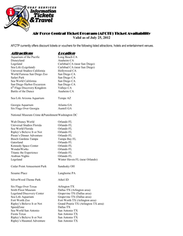 Air Force Central Ticket Program (AFCTP) Ticket Availability Valid As of July 25, 2012