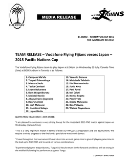 Vodafone Flying Fijians Verses Japan – 2015 Pacific Nations Cup