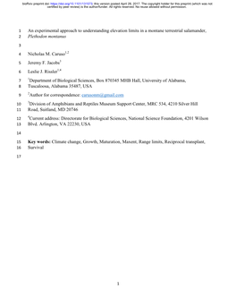An Experimental Approach to Understanding Elevation Limits in a Montane Terrestrial Salamander, 2 Plethodon Montanus