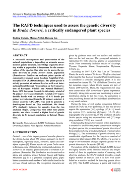 The RAPD Techniques Used to Assess the Genetic Diversity in Draba Dorneri, a Critically Endangered Plant Species