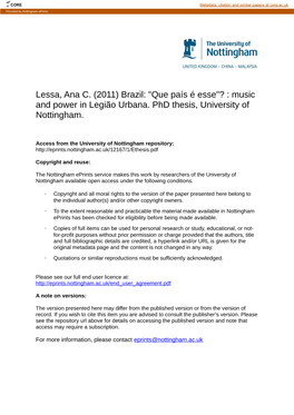 Music and Power in Legião Urbana. Phd Thesis, University of Nottingham