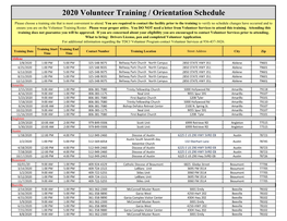 2020 Volunteer Training / Orientation Schedule
