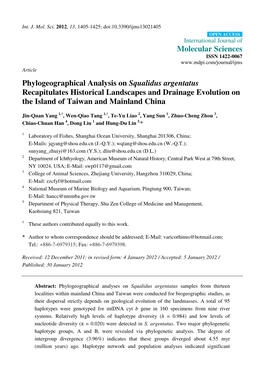 Phylogeographical Analysis on Squalidus Argentatus Recapitulates Historical Landscapes and Drainage Evolution on the Island of Taiwan and Mainland China