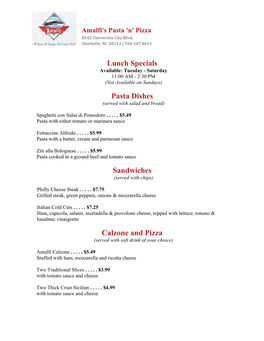 Lunch Specials Pasta Dishes Sandwiches Calzone and Pizza