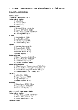 VÝSLEDKY VYBRANÝCH CYKLISTICKÝCH ZÁVODŮ V SEZÓNĚ 2017-2018 DRÁHOVÁ CYKLISTIKA Světový Pohár 3.-5.11.2017 Pruszków (
