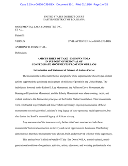 Amicus Brief of Take ‘Em Down Nola in Support of Removal of Confederate Monuments from New Orleans