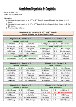 Procès Verbal N° : 05 Séance Du : 15 Janvier 2018 Ordre Du Jour: 1